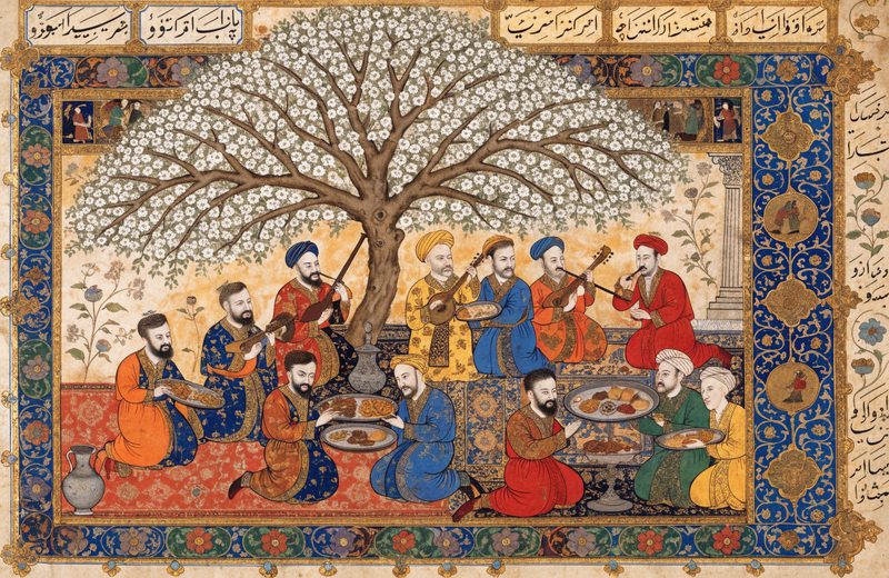 مینیاتور ایرانی — بزم در باغ، خروجی واقعی پرامپت این سبک
